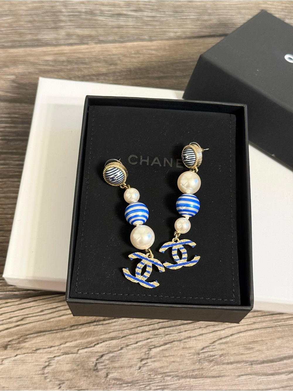 Chanel Blue & White Stripes Pearl Drop CC Dangle Earrings